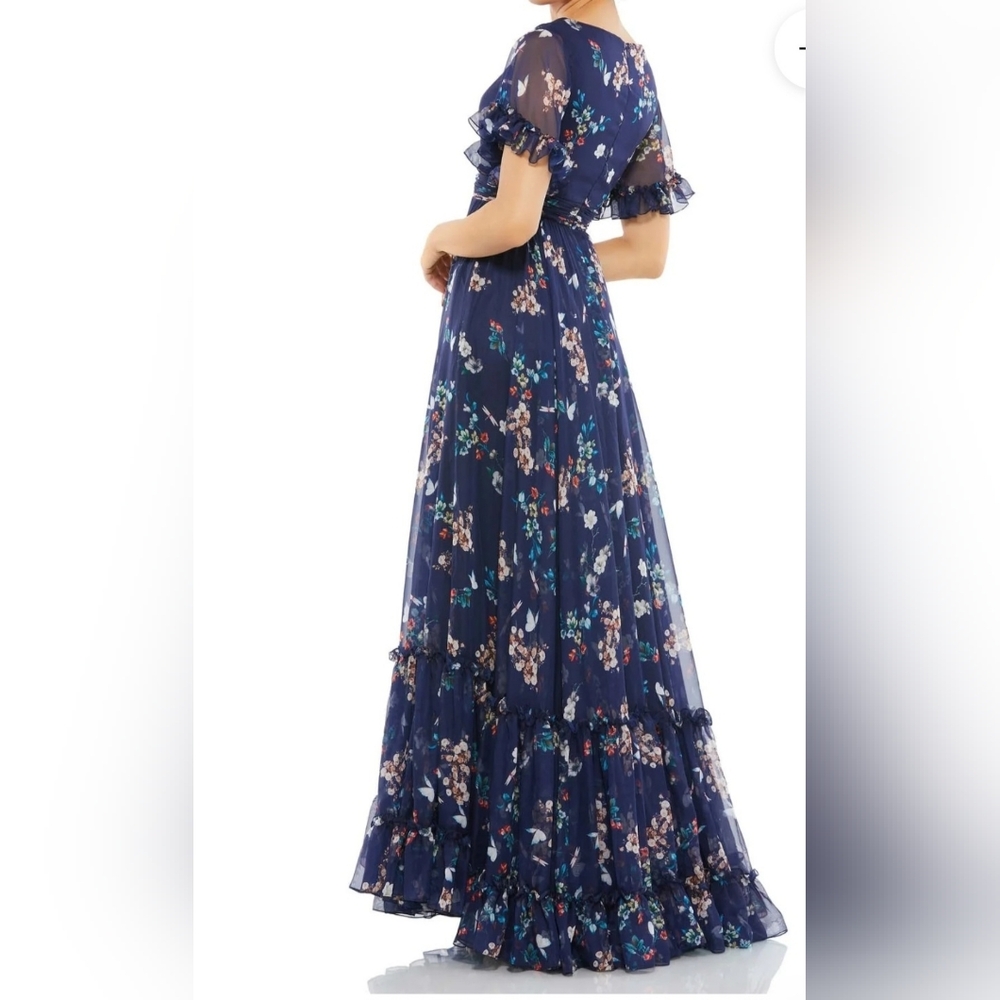 Mac Duggal Navy Blue Floral Print  Gown. Maxi Dress With Flutter Sleeves - Picture 3 of 7
